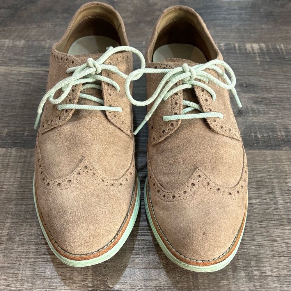 Cole Haan LunarGrand Wingtip Oxfords - Beige Suede, Mint Green Sole/Laces, 8.5B